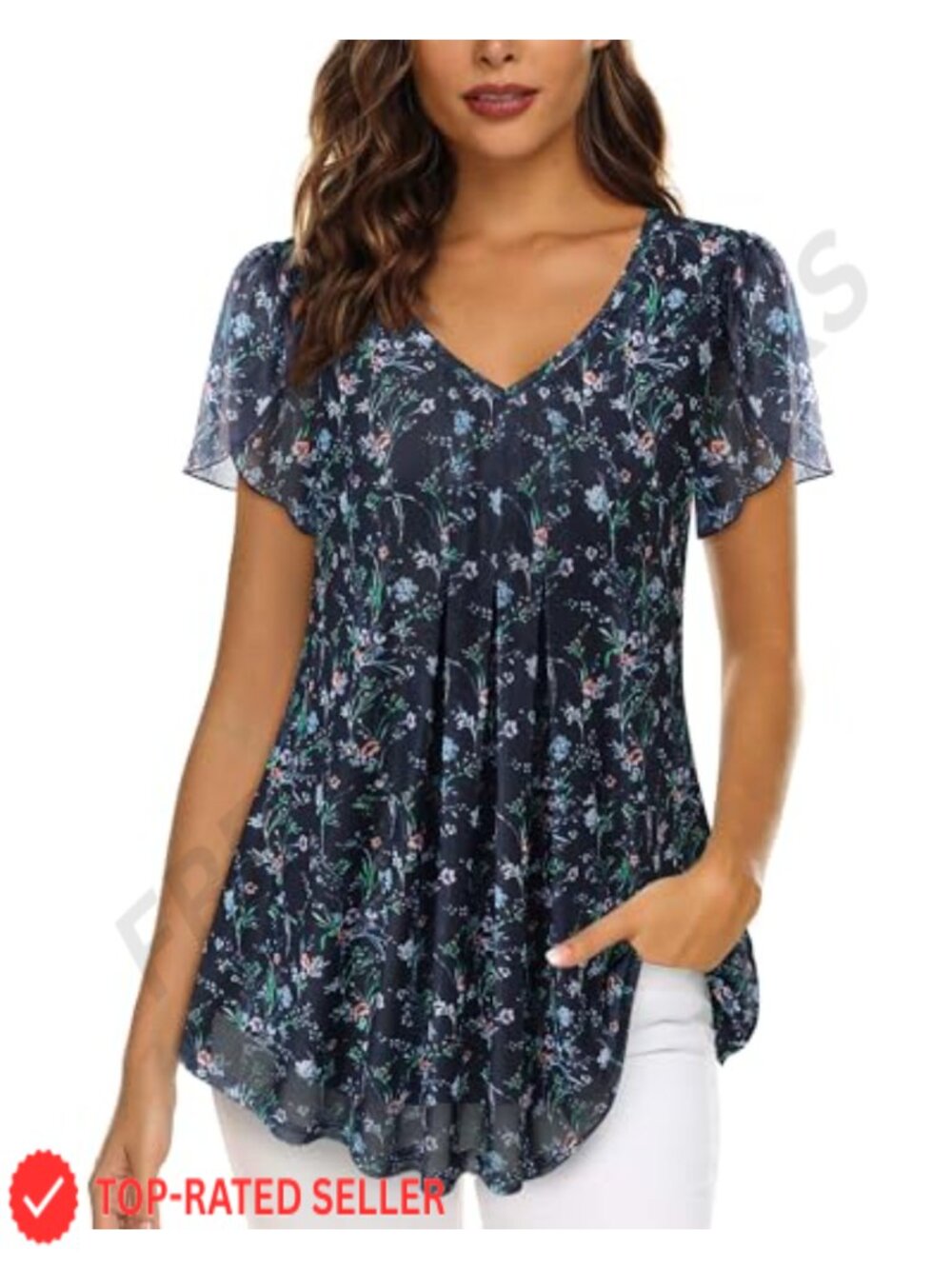Womens V Neck Mesh Tunic Top Split Cap Sleeve Pleated Blouse